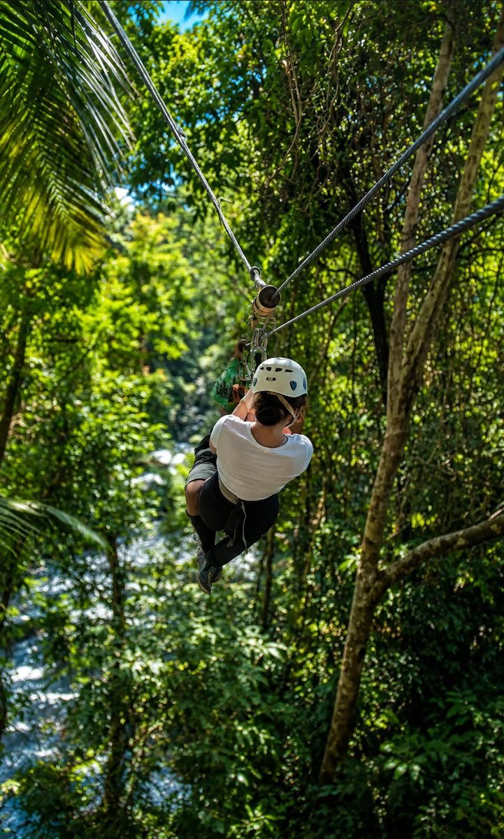 Cable del canopy internándose en la selva